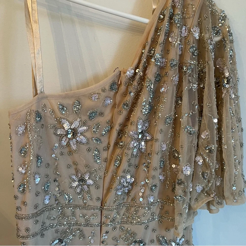 Mac Duggal Embellished One Shoulder Draped Maxi Gown Nude & Silver | Size 8 - Picture 15 of 16